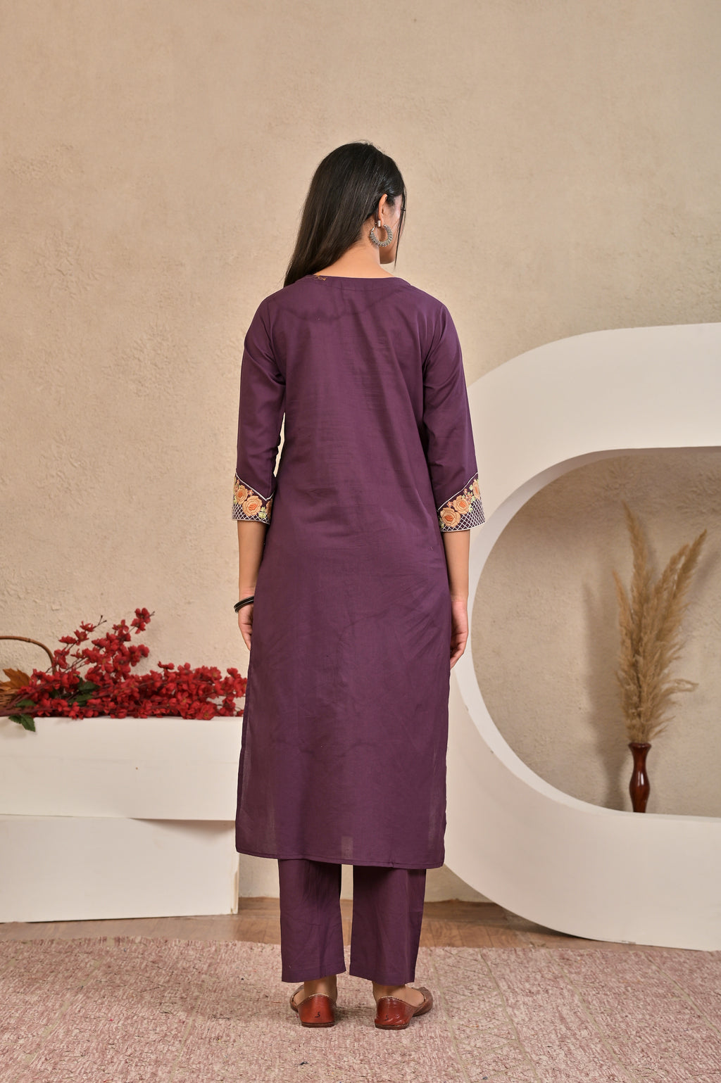 Women’s Embroidered Kurta Set with Floral Yoke & Button Detailing