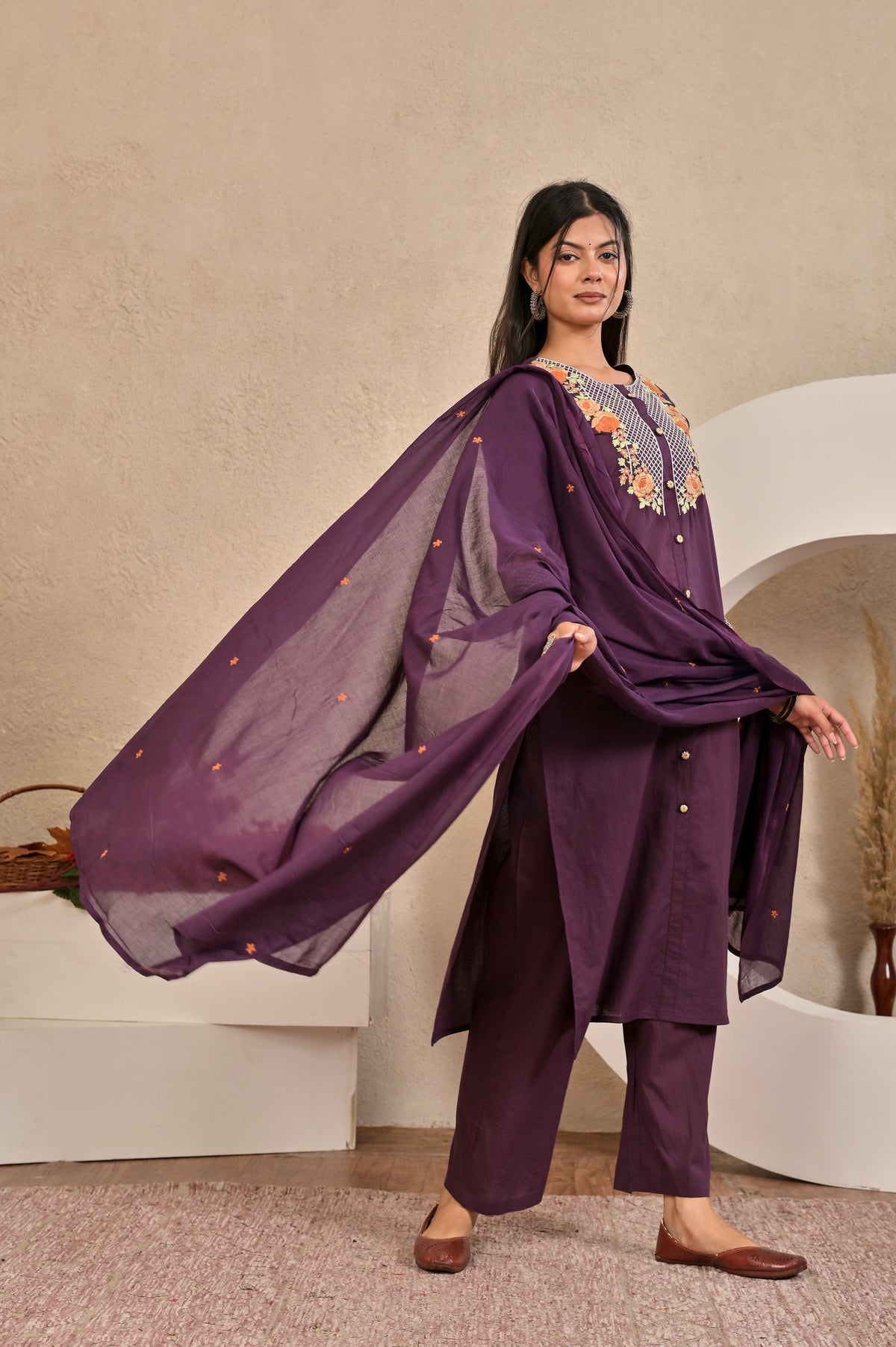 Women’s Embroidered Kurta Set with Floral Yoke & Button Detailing