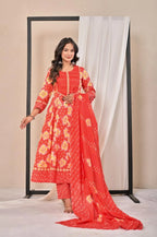 Women’s Printed Anarkali Kurta Pant Dupatta Set with Embroidered Yoke