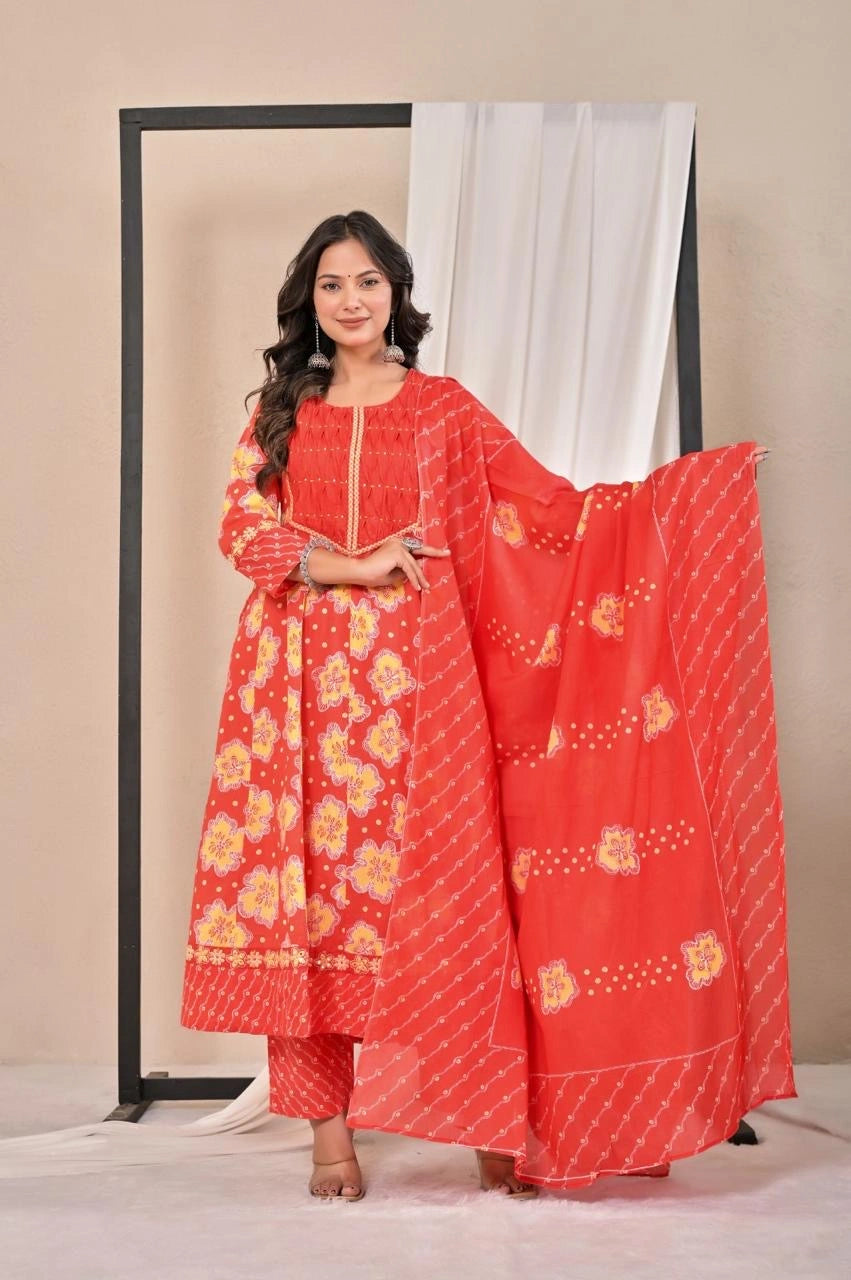 Women’s Printed Anarkali Kurta Pant Dupatta Set with Embroidered Yoke