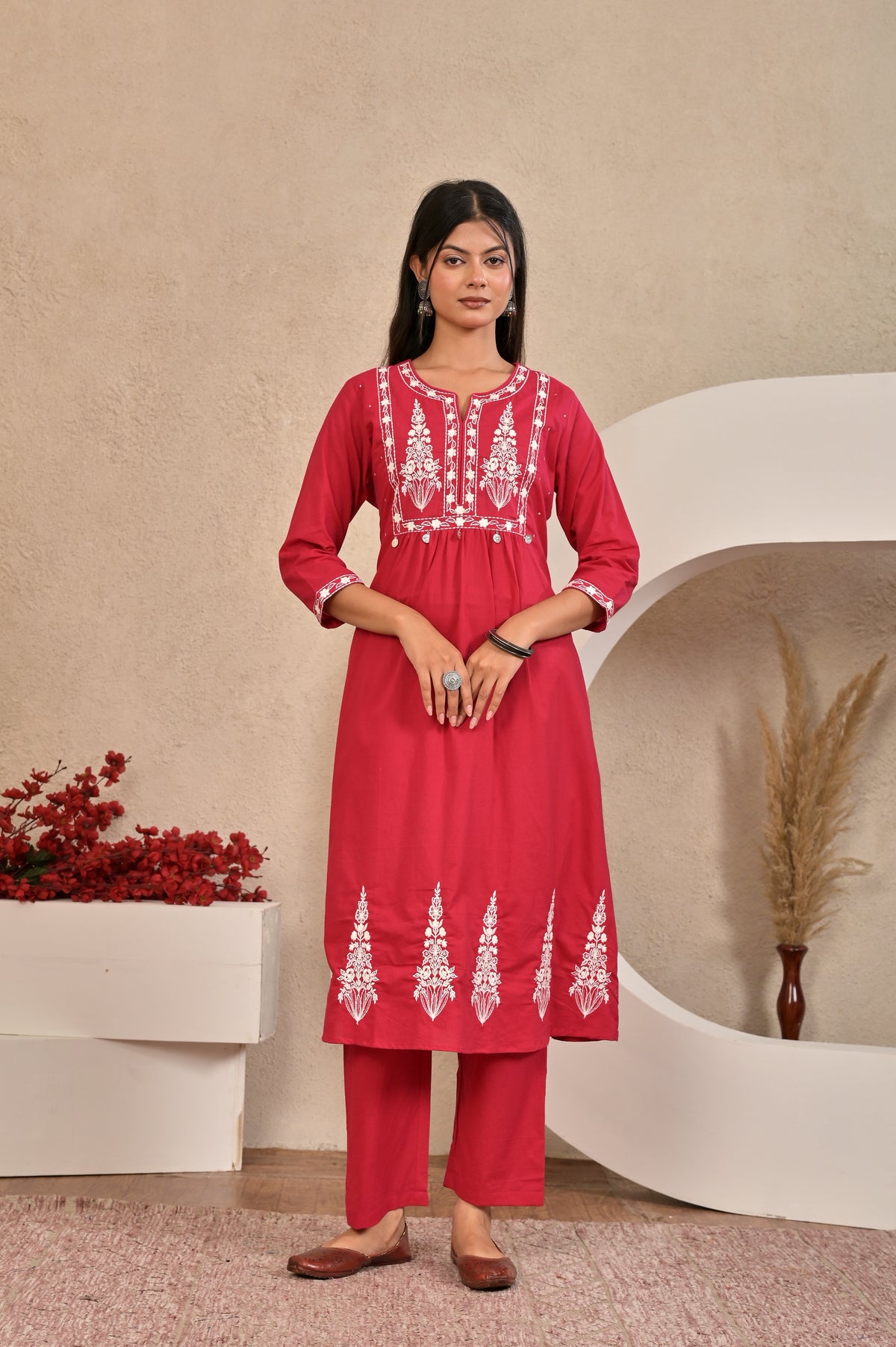 Women’s Embroidered Kurta Pant Dupatta Set with Tassels