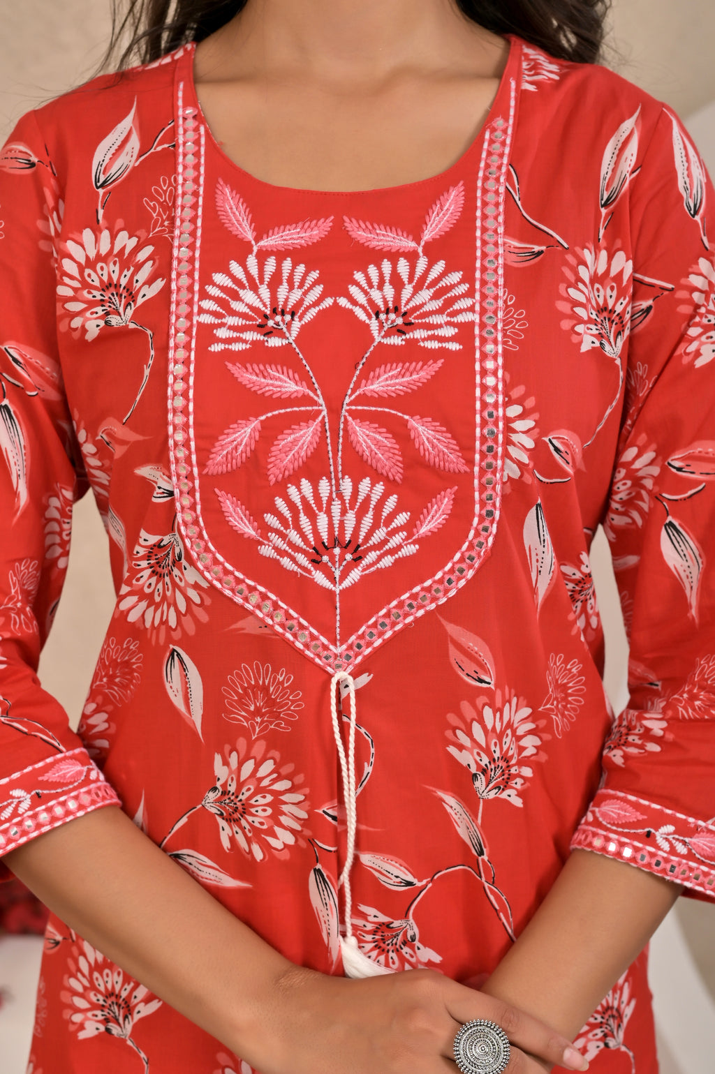 Women’s Straight Printed Kurta Set with Embroidered Yoke & Tassels