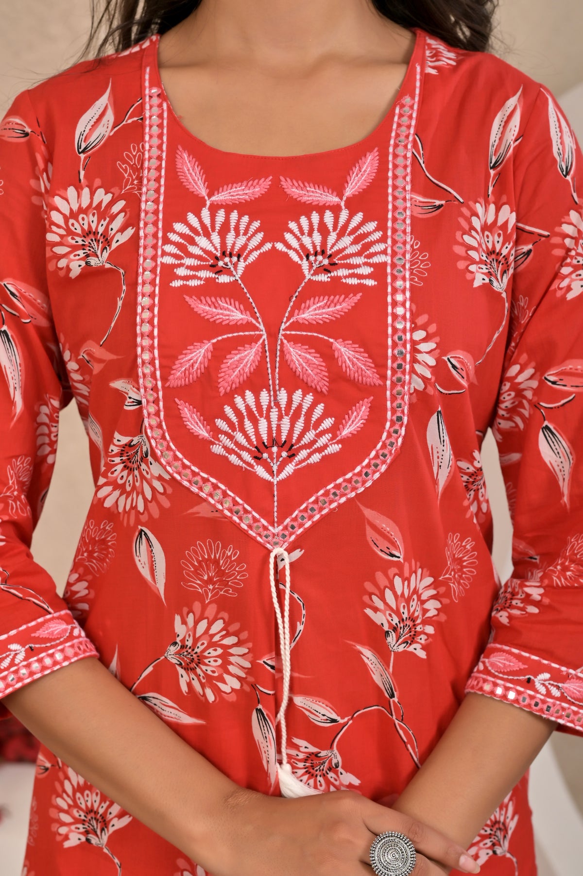 Women’s Straight Printed Kurta Set with Embroidered Yoke & Tassels
