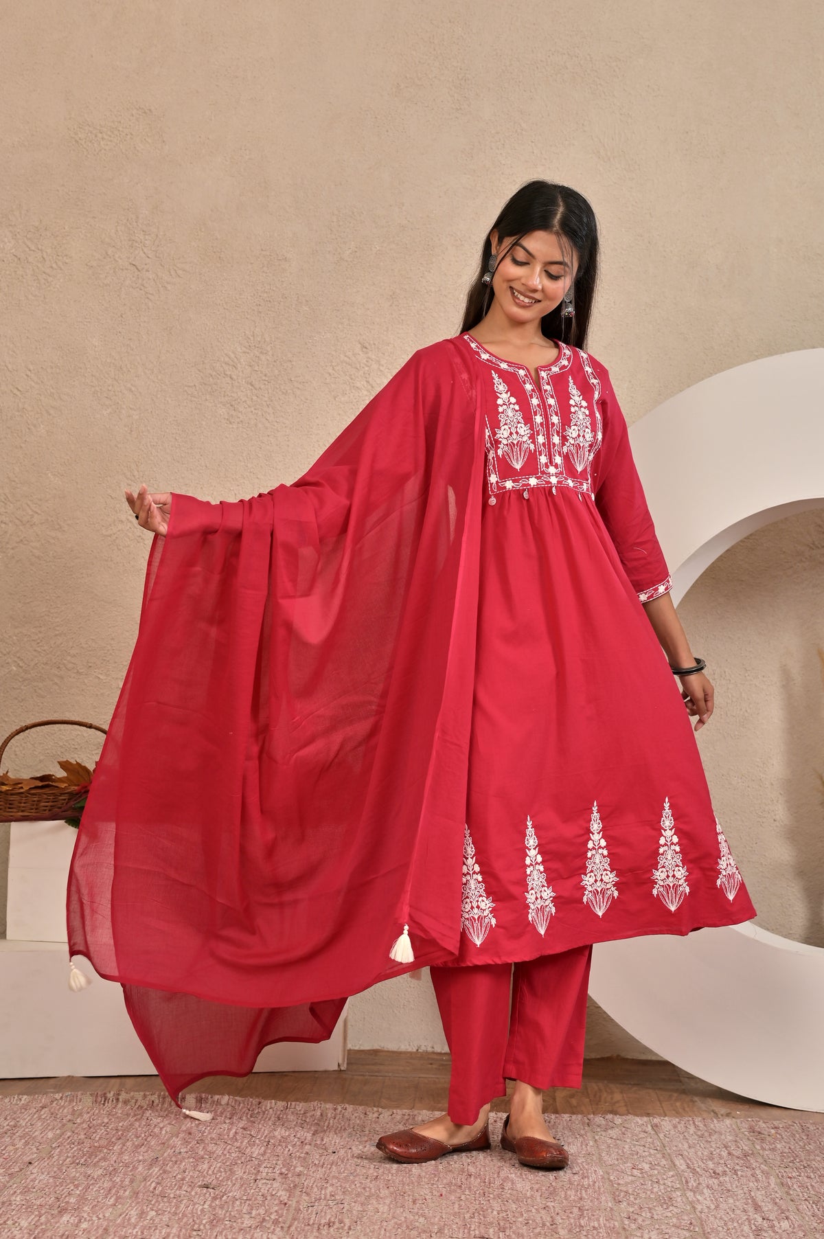 Women’s Embroidered Kurta Pant Dupatta Set with Tassels
