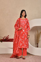 Women’s Straight Printed Kurta Set with Embroidered Yoke & Tassels