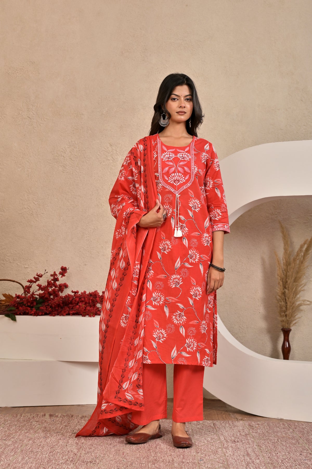 Women’s Straight Printed Kurta Set with Embroidered Yoke & Tassels