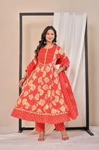 Women’s Printed Anarkali Kurta Pant Dupatta Set with Embroidered Yoke