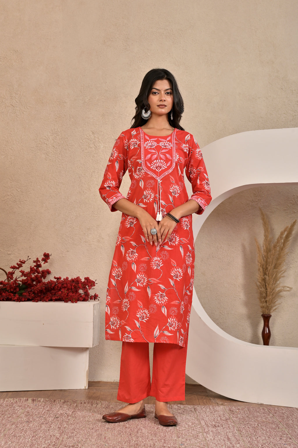 Women’s Straight Printed Kurta Set with Embroidered Yoke & Tassels