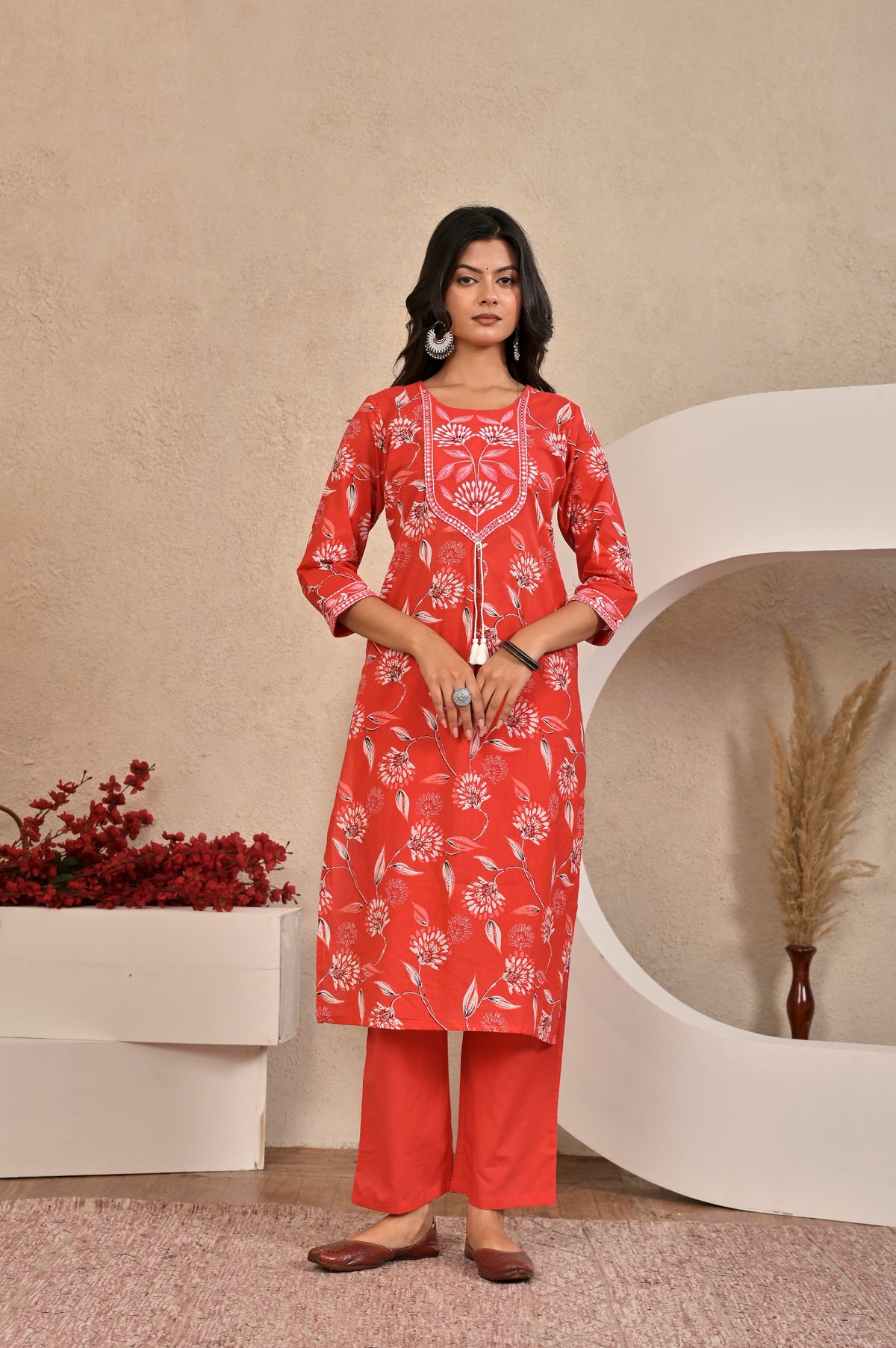 Women’s Straight Printed Kurta Set with Embroidered Yoke & Tassels