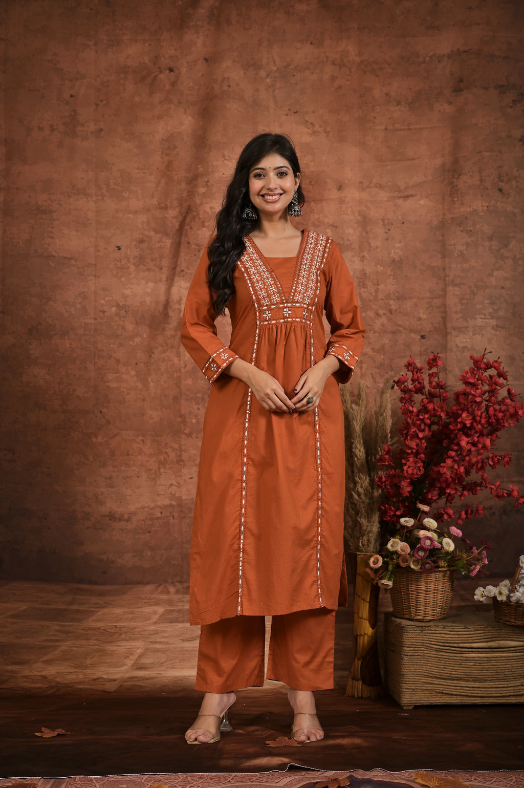 Women’s Embroidered Kurta Set with Detailed Neckline