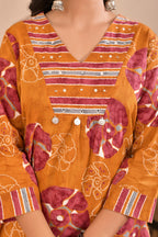 Women’s Printed Straight Kurta Pant Dupatta Set with Embroidered Yoke & Tassels