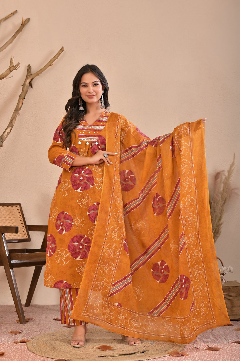 Women’s Printed Straight Kurta Pant Dupatta Set with Embroidered Yoke & Tassels