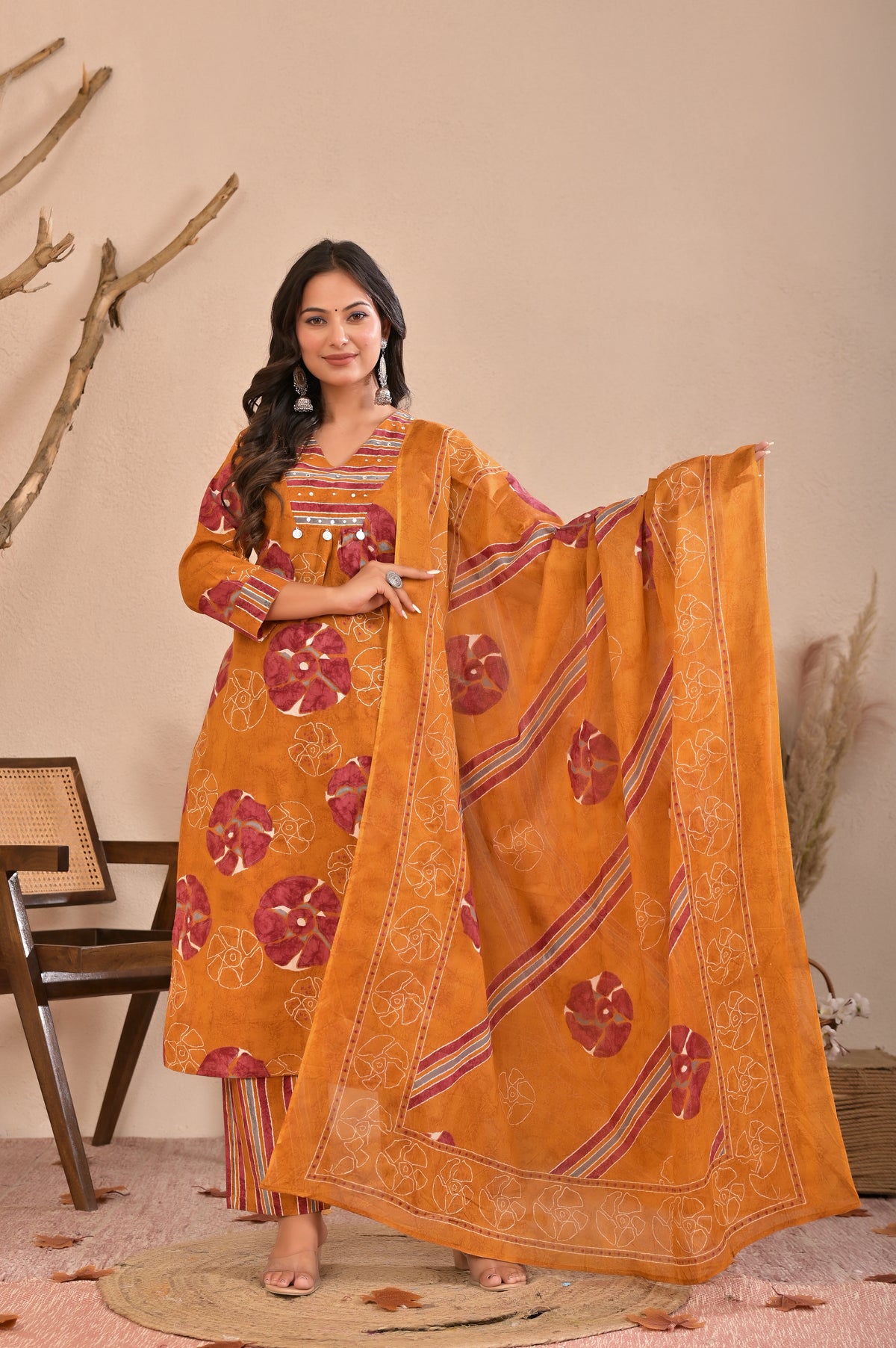Women’s Printed Straight Kurta Pant Dupatta Set with Embroidered Yoke & Tassels