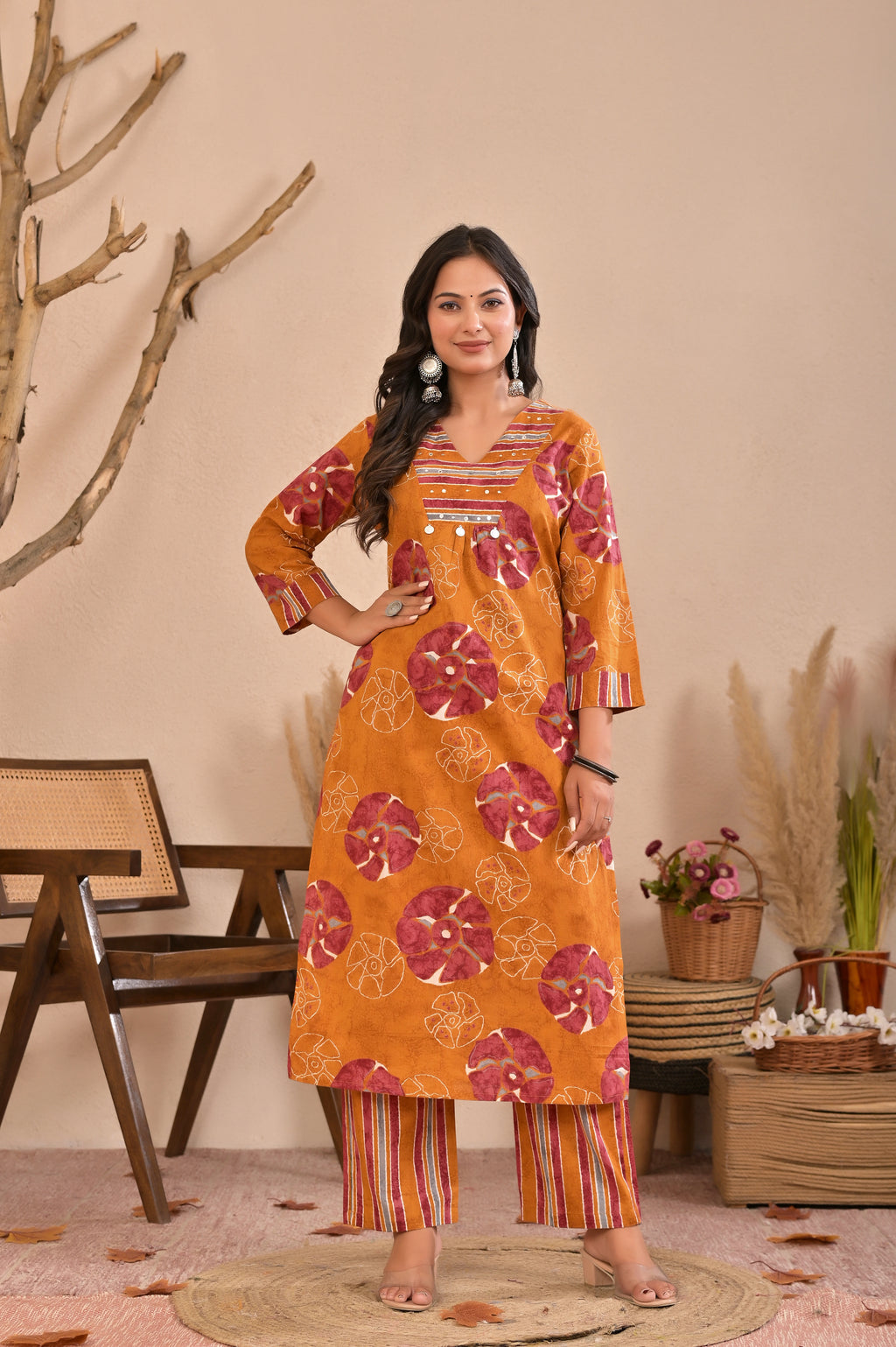 Women’s Printed Straight Kurta Pant Dupatta Set with Embroidered Yoke & Tassels