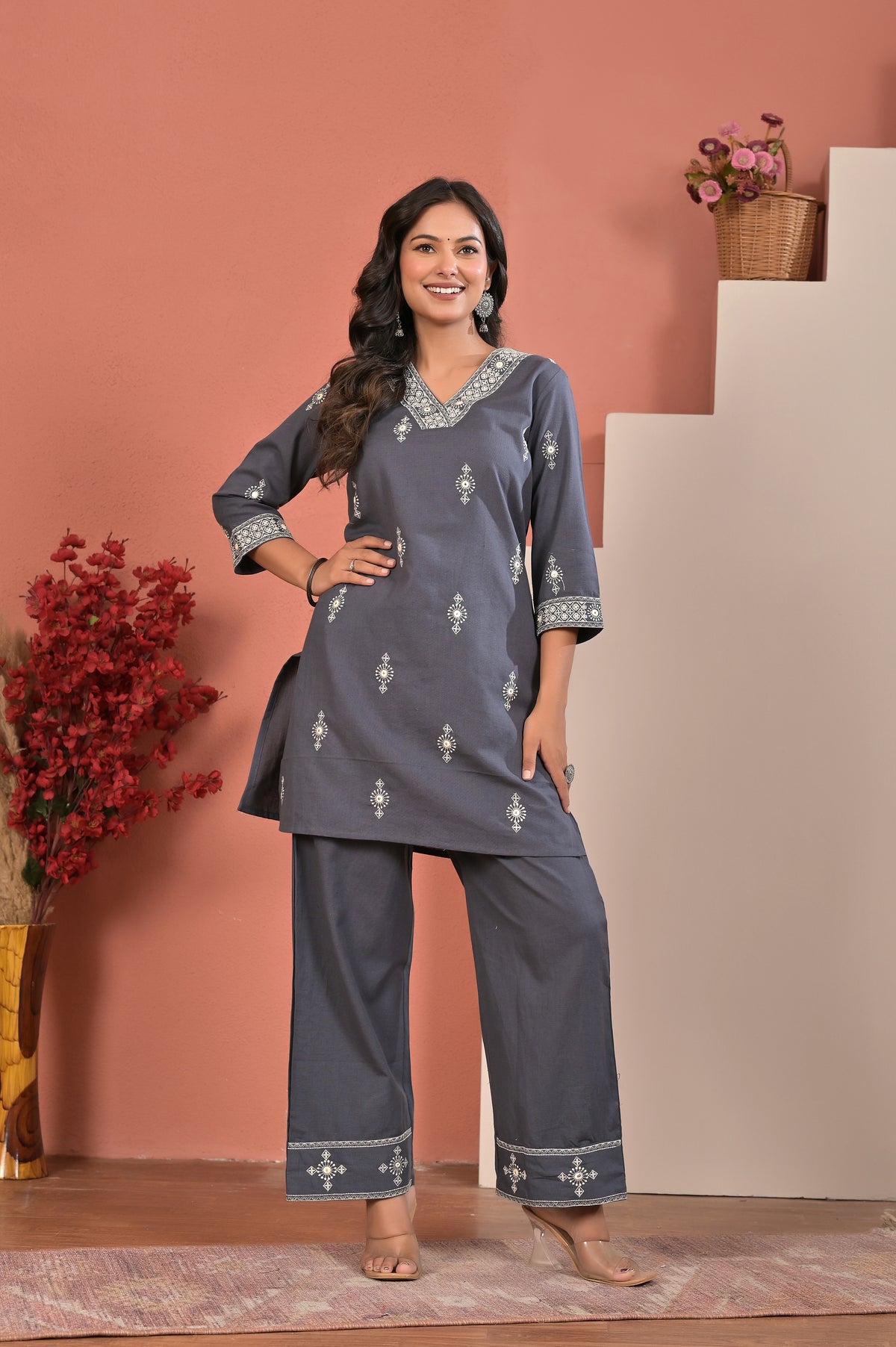 Women’s Cotton Flex Embroidered Kurta Pant Co-ord Set