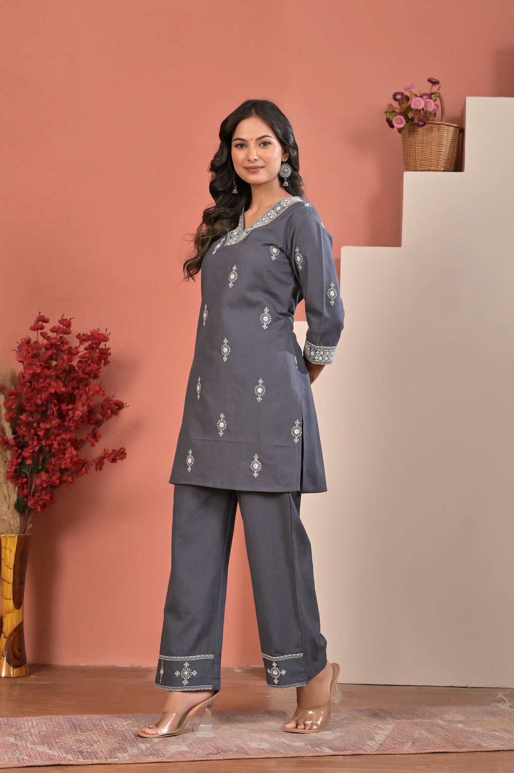 Women’s Cotton Flex Embroidered Kurta Pant Co-ord Set