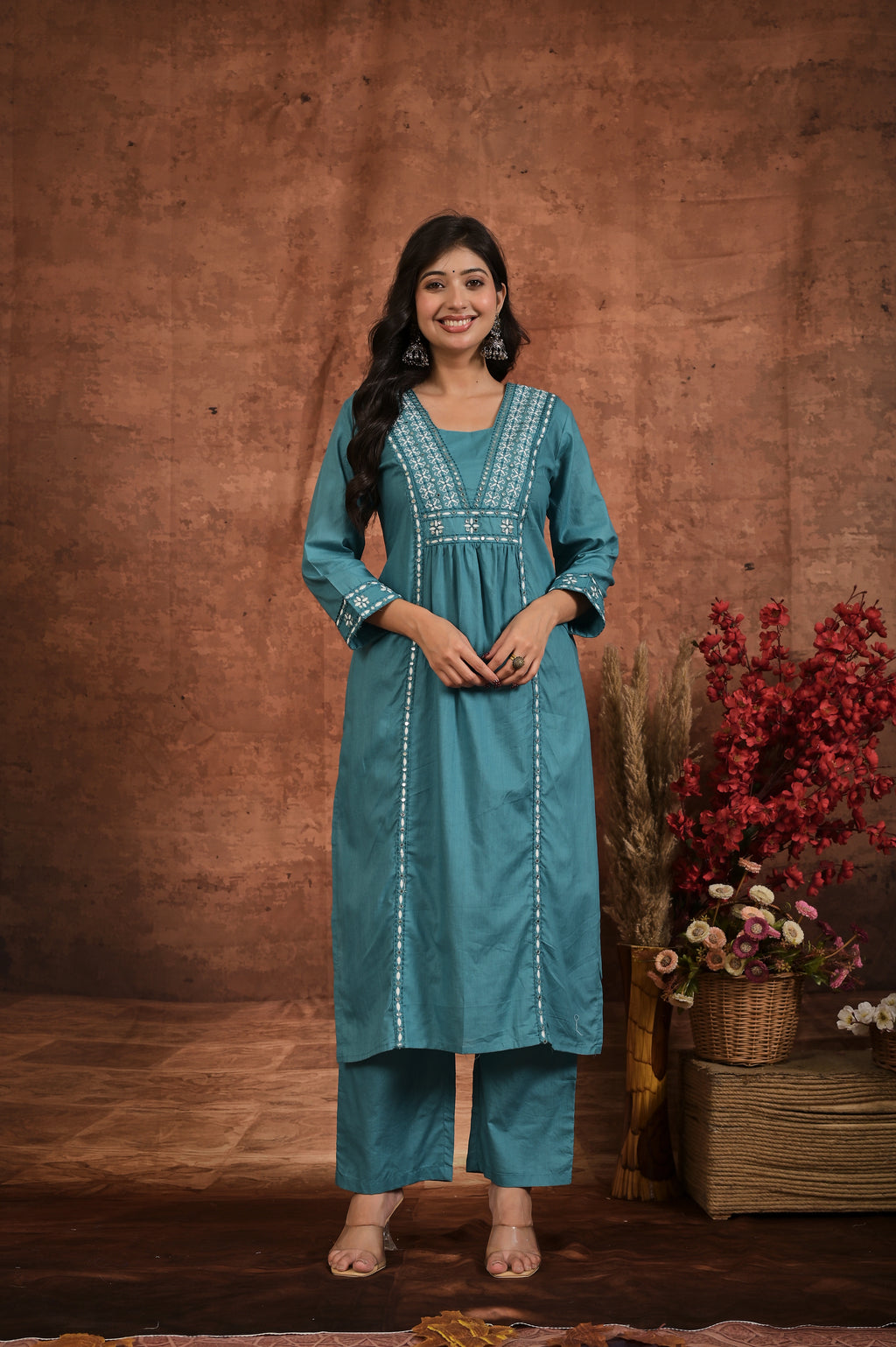 Women’s Embroidered Kurta Set with Detailed Neckline
