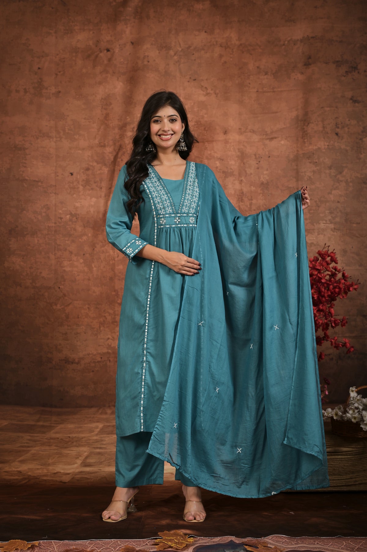 Women’s Embroidered Kurta Set with Detailed Neckline