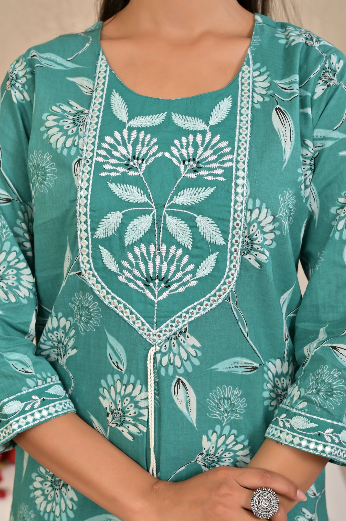 Women’s Straight Printed Kurta Set with Embroidered Yoke & Tassels