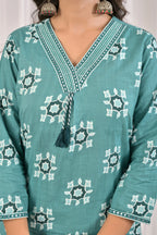 Printed Kurta Pant Set with Embroidered V-Neckline & Tassel Work