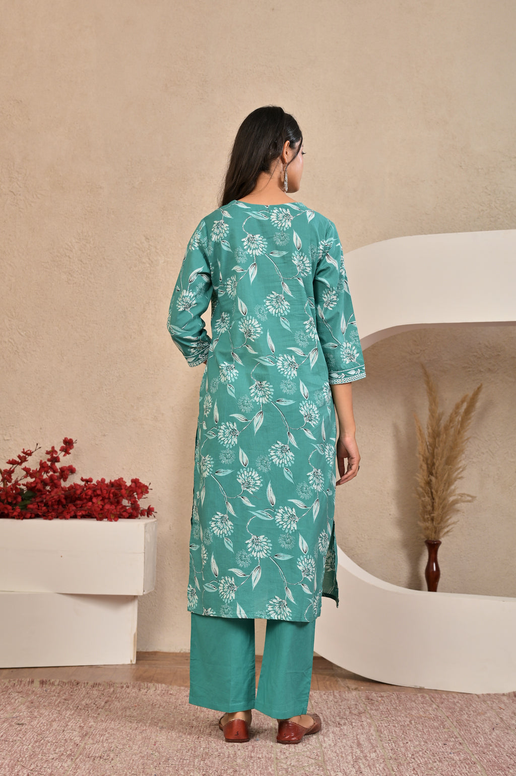 Women’s Straight Printed Kurta Set with Embroidered Yoke & Tassels