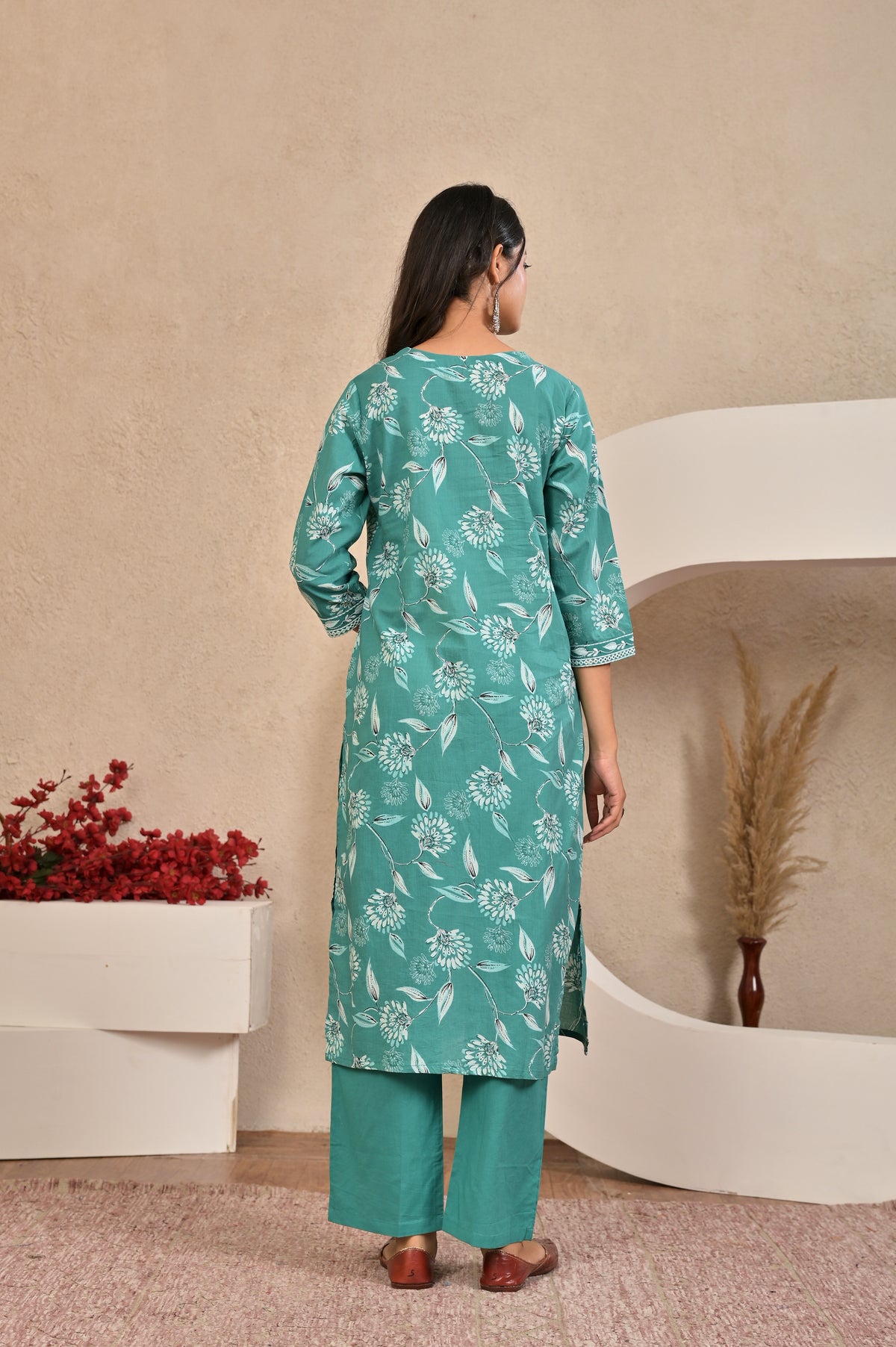 Women’s Straight Printed Kurta Set with Embroidered Yoke & Tassels