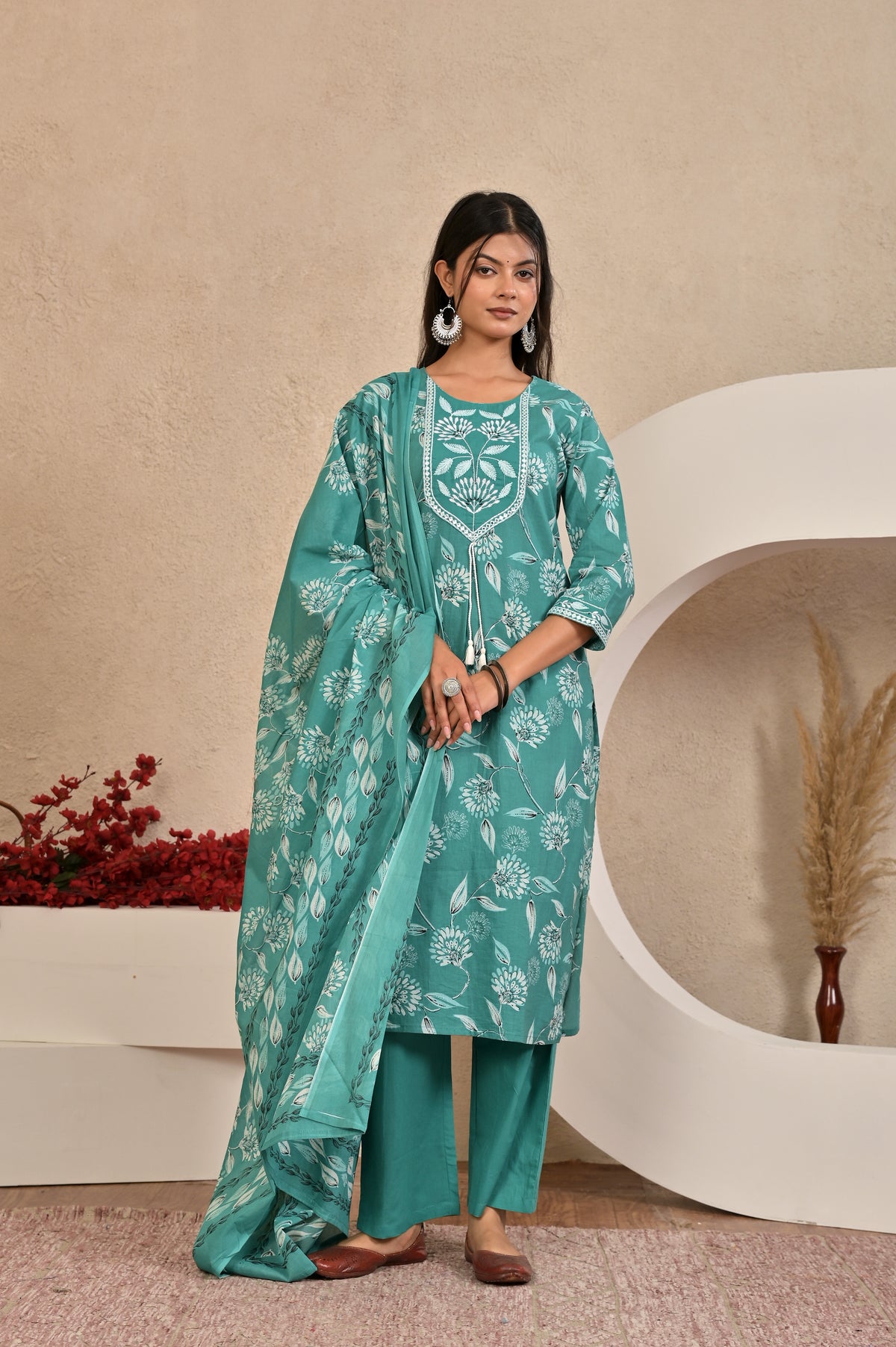 Women’s Straight Printed Kurta Set with Embroidered Yoke & Tassels