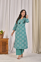 Printed Kurta Pant Set with Embroidered V-Neckline & Tassel Work