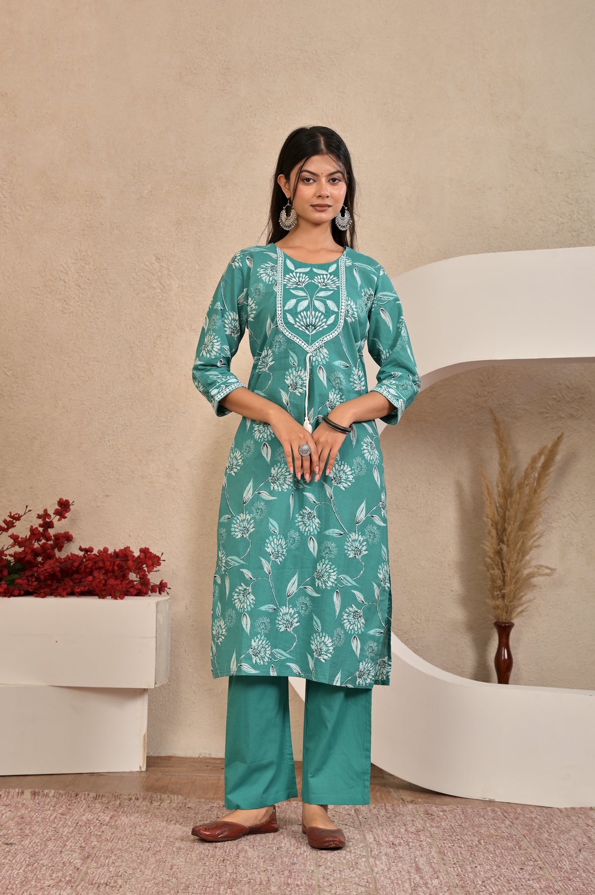 Women’s Straight Printed Kurta Set with Embroidered Yoke & Tassels