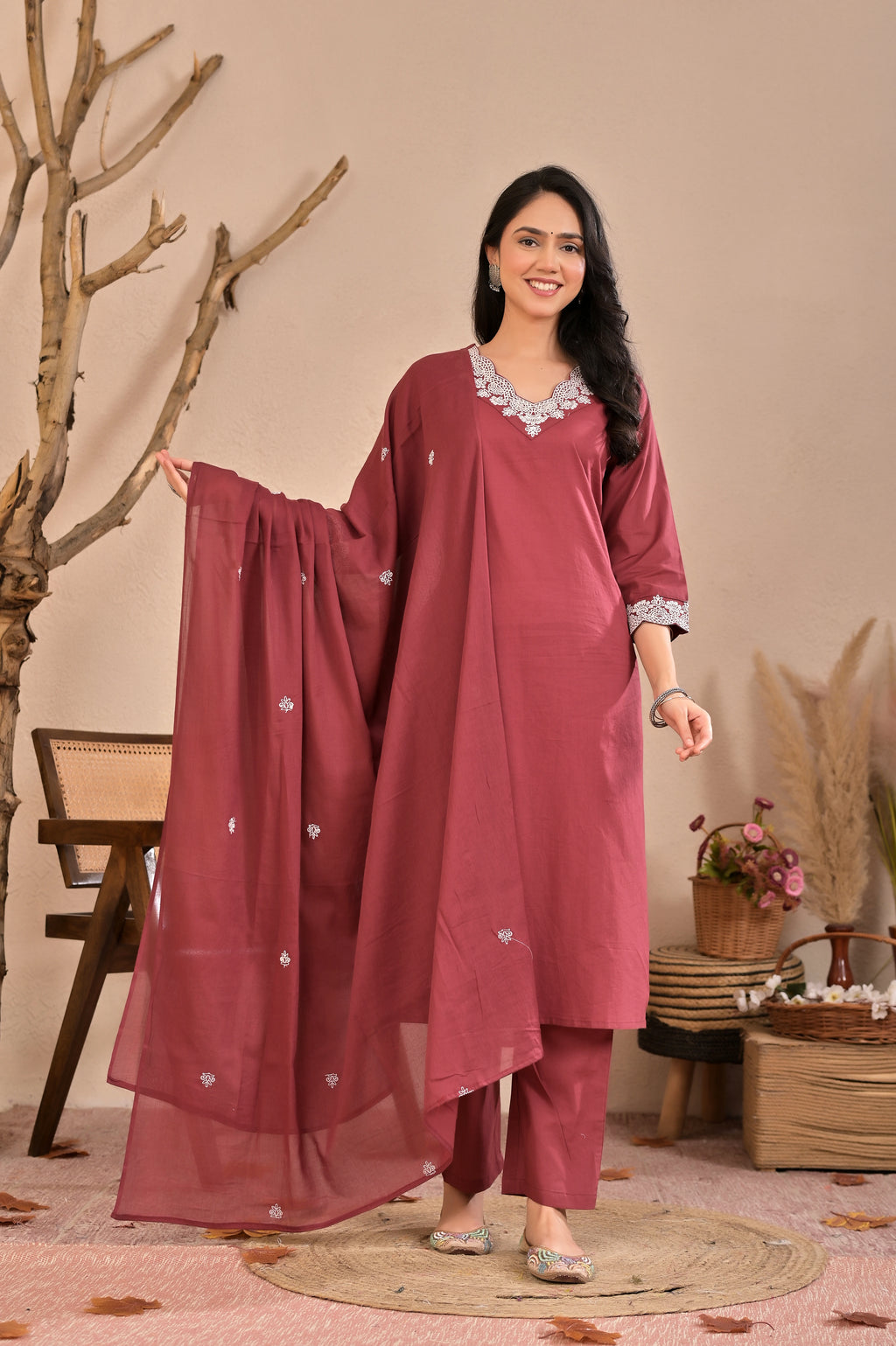 Women’s Straight Embroidered Kurta Pant Dupatta Set