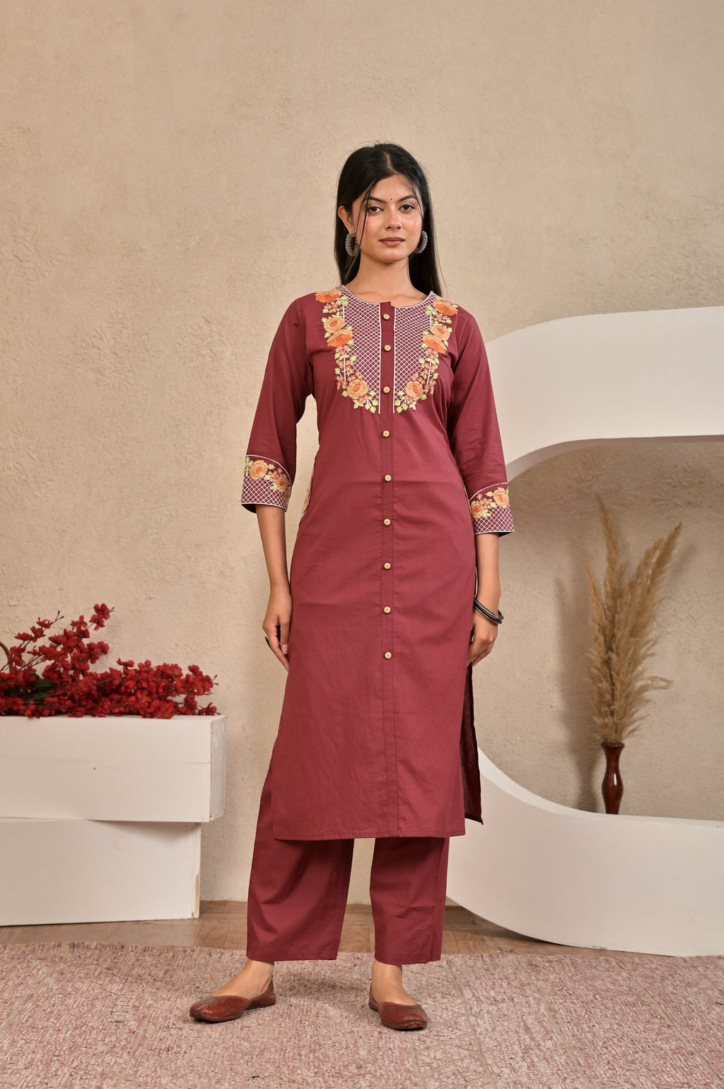 Women’s Embroidered Kurta Set with Floral Yoke & Button Detailing