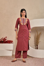 Women’s Embroidered Kurta Set with Floral Yoke & Button Detailing