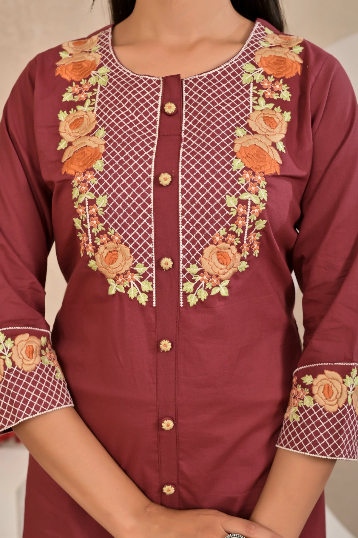 Women’s Embroidered Kurta Set with Floral Yoke & Button Detailing