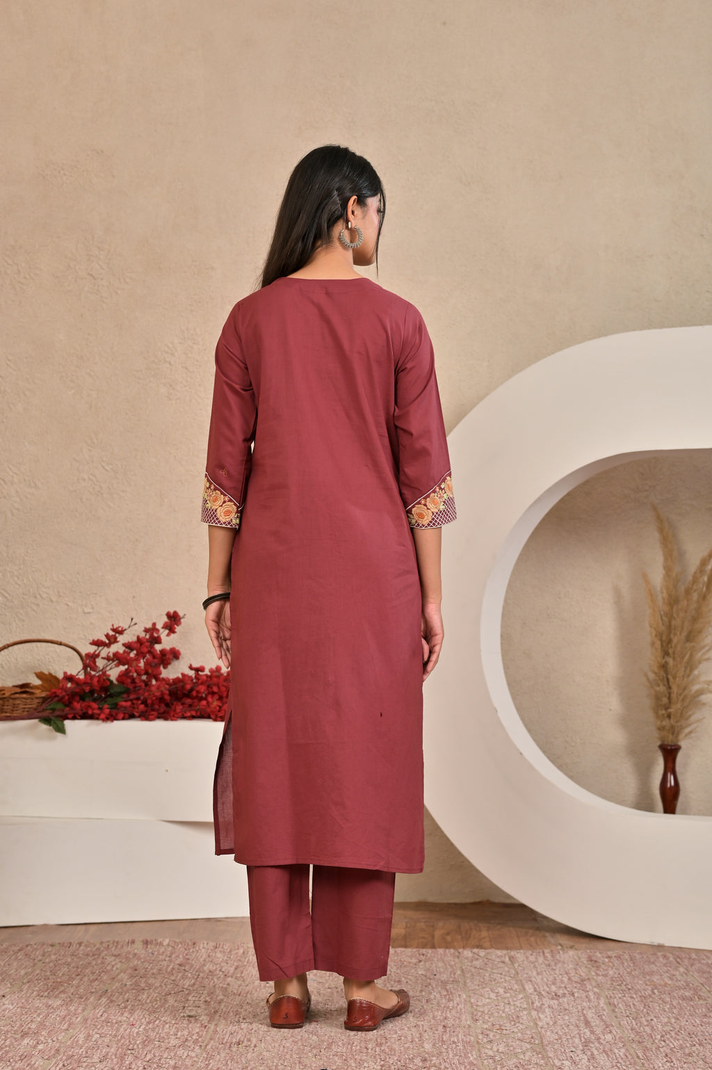 Women’s Embroidered Kurta Set with Floral Yoke & Button Detailing