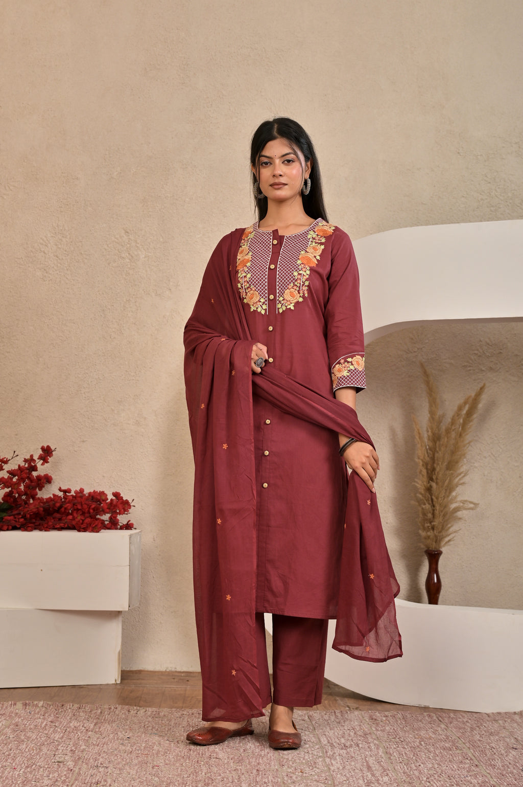 Women’s Embroidered Kurta Set with Floral Yoke & Button Detailing