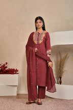 Women’s Embroidered Kurta Set with Floral Yoke & Button Detailing