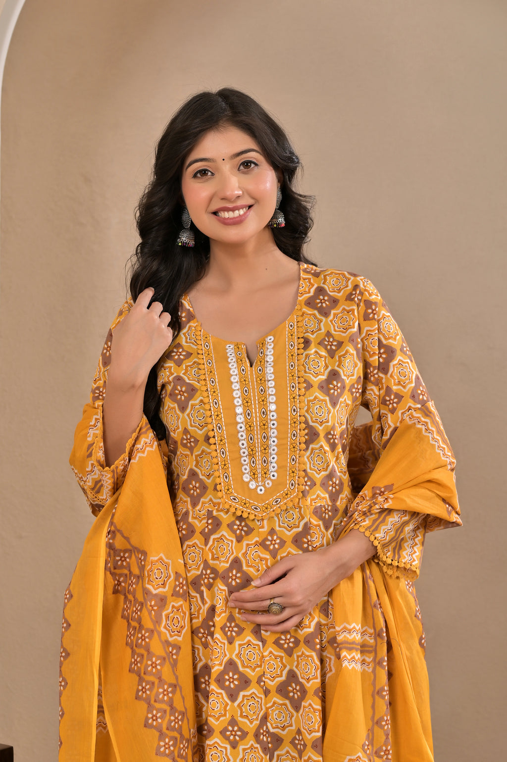 Women’s Printed Anarkali Kurta Pant Dupatta Set with Embroidered Yoke