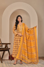 Women’s Printed Anarkali Kurta Pant Dupatta Set with Embroidered Yoke