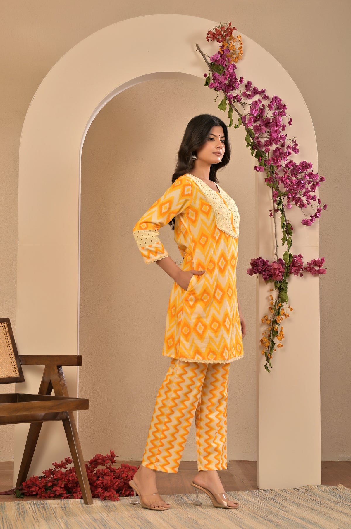 Women’s Schiffli Yoke Co-ord Set with Lace Detailing & Pocket