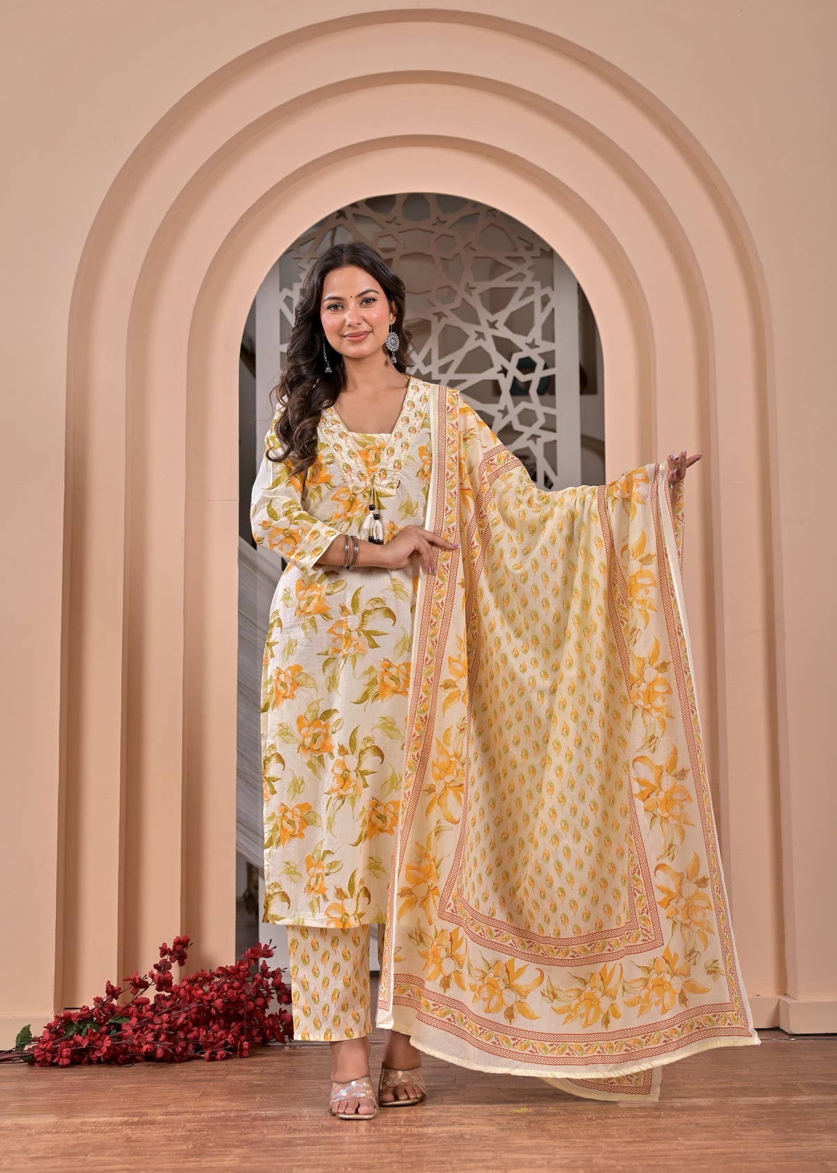 Women’s Straight Printed Kurta Pant Dupatta Set with Handwork & Tassels