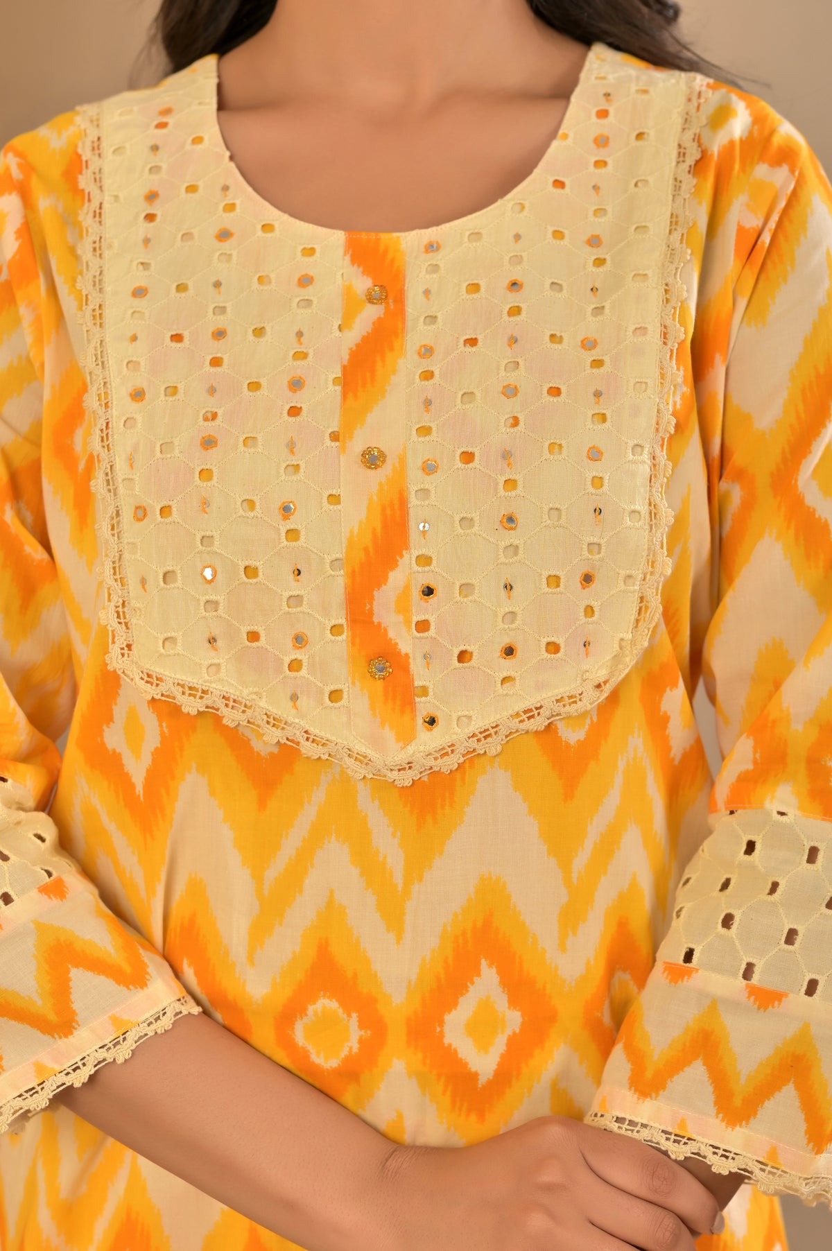 Women’s Schiffli Yoke Co-ord Set with Lace Detailing & Pocket