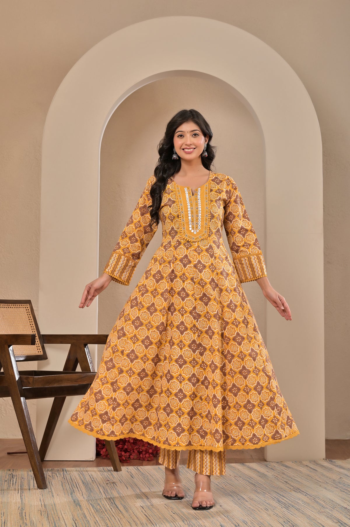 Women’s Printed Anarkali Kurta Pant Dupatta Set with Embroidered Yoke