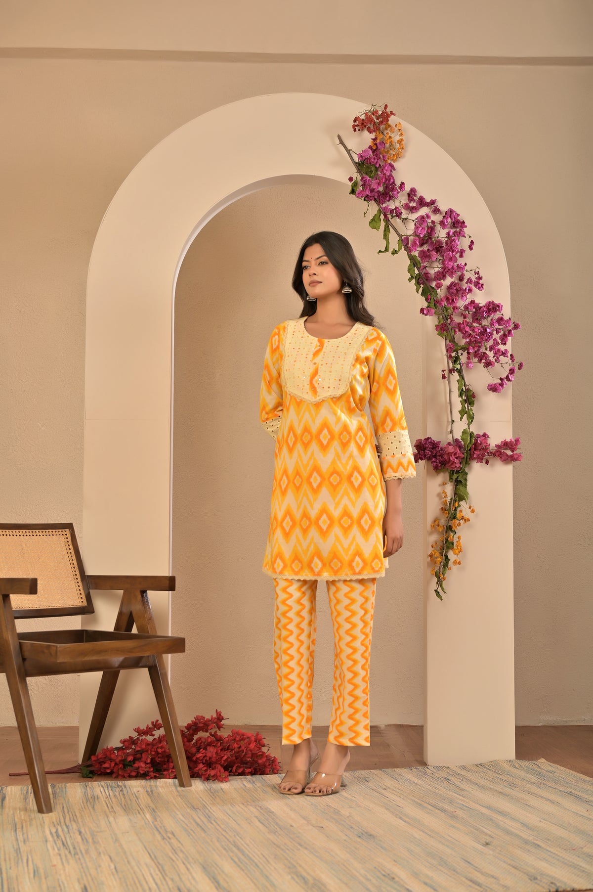 Women’s Schiffli Yoke Co-ord Set with Lace Detailing & Pocket